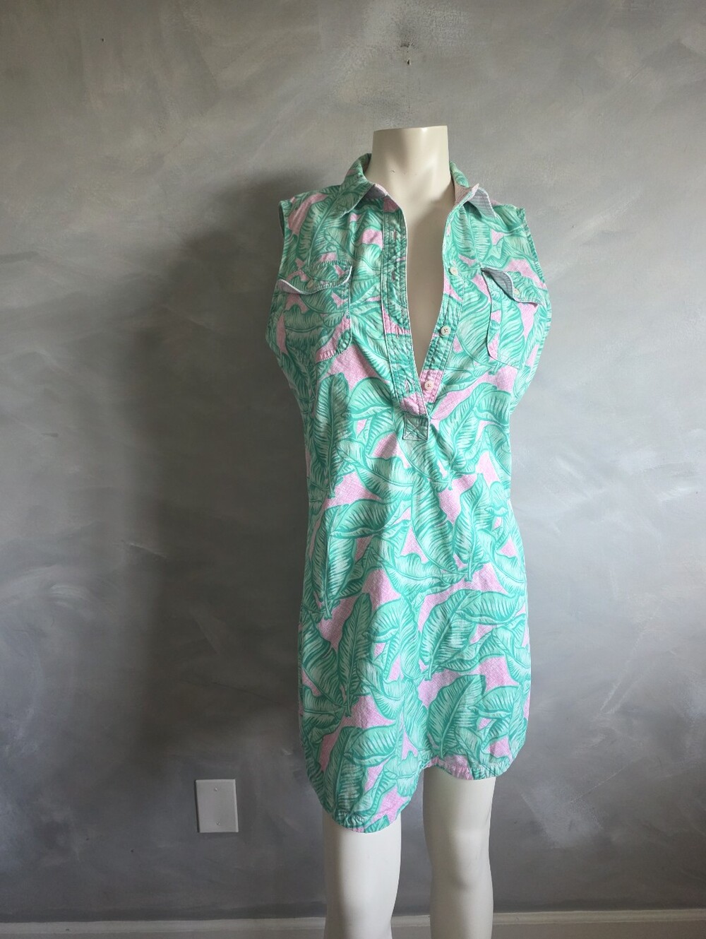 Vineyard Vines Margo Shirt Dress Pink Green Banana Leaf Sz 6 Southern Preppy